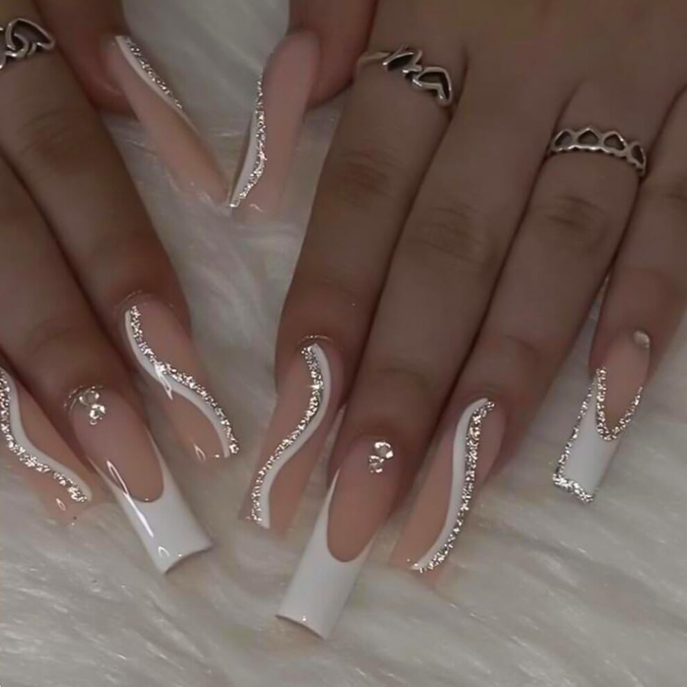 Pink 24Pcs Long Coffin Press On Nails With French Tips And Rhinestones Swirl Acrylic False Nails