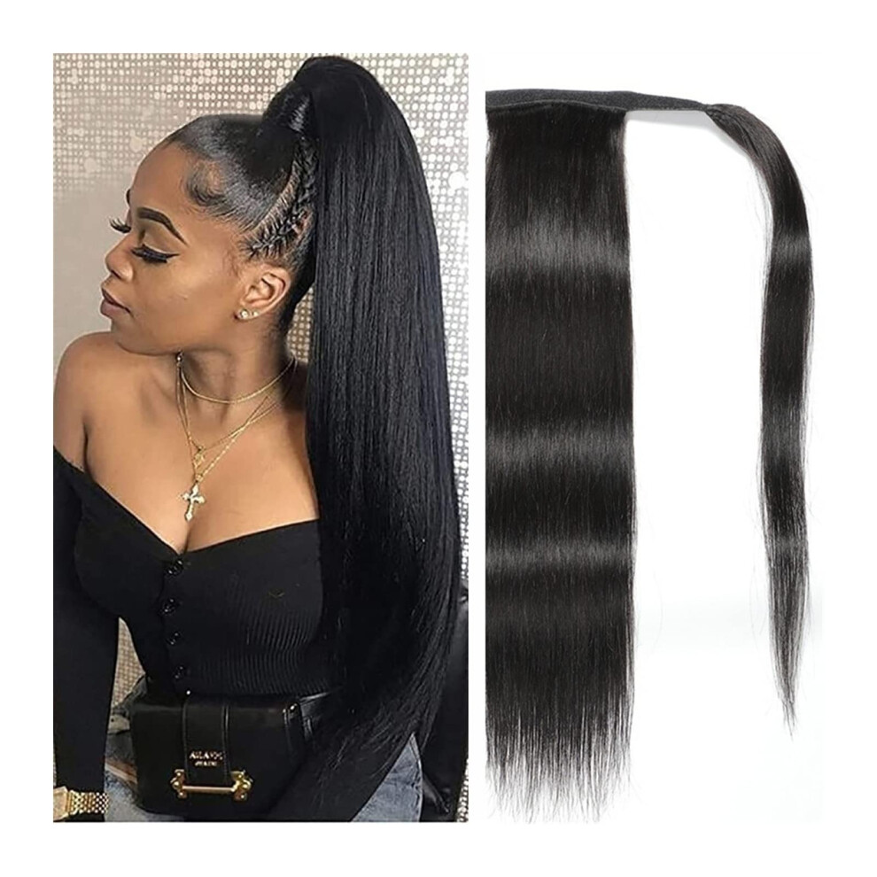 Unisex Black Human Hair Ponytail Extension Long Straight Natural Clipin Wrap Around Hairpiece 16 Inch