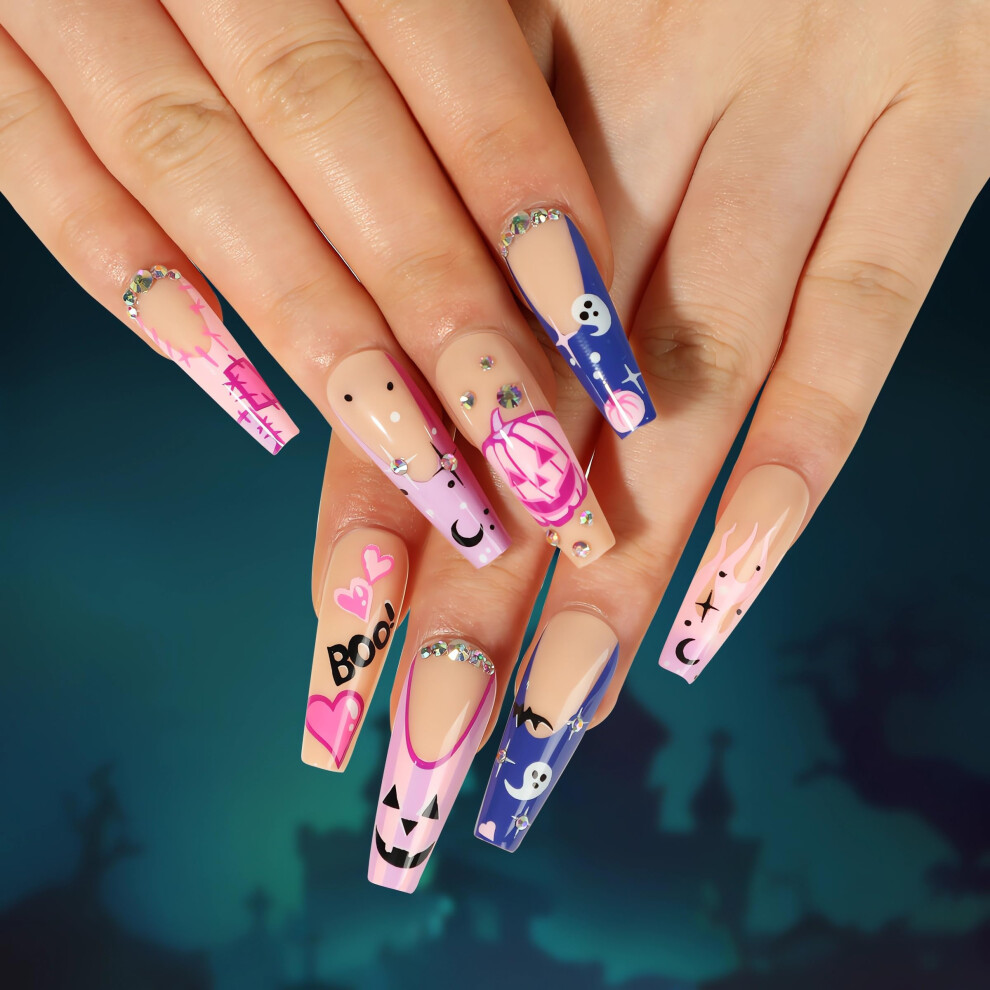 Halloween Long Coffin Press On Nails Pink French Tip with Rhinestones and Pumpkin Design 24pcs