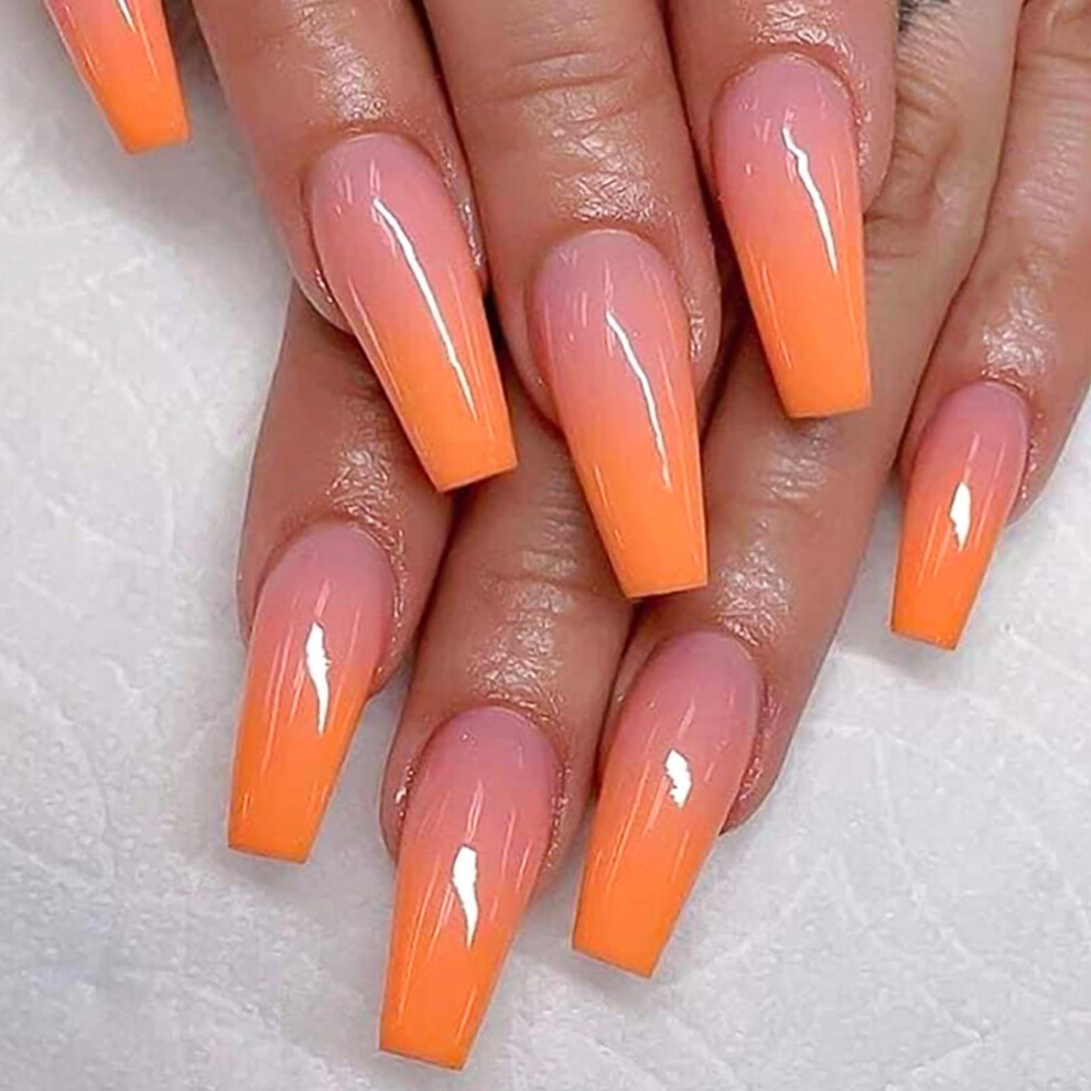 Orange Press On Nails Long Coffin Fake Nails Gradient Full Cover Acrylic With Glue 24Pcs