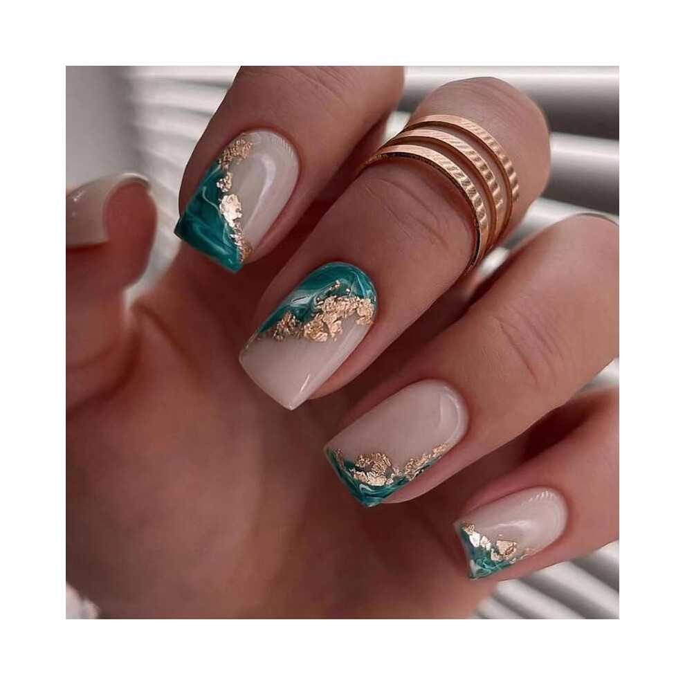 Green,Cream Short Press On Nails With Glue, Nude And Green Marble French Tip Coffin And Square Fake Nails 24Pcs