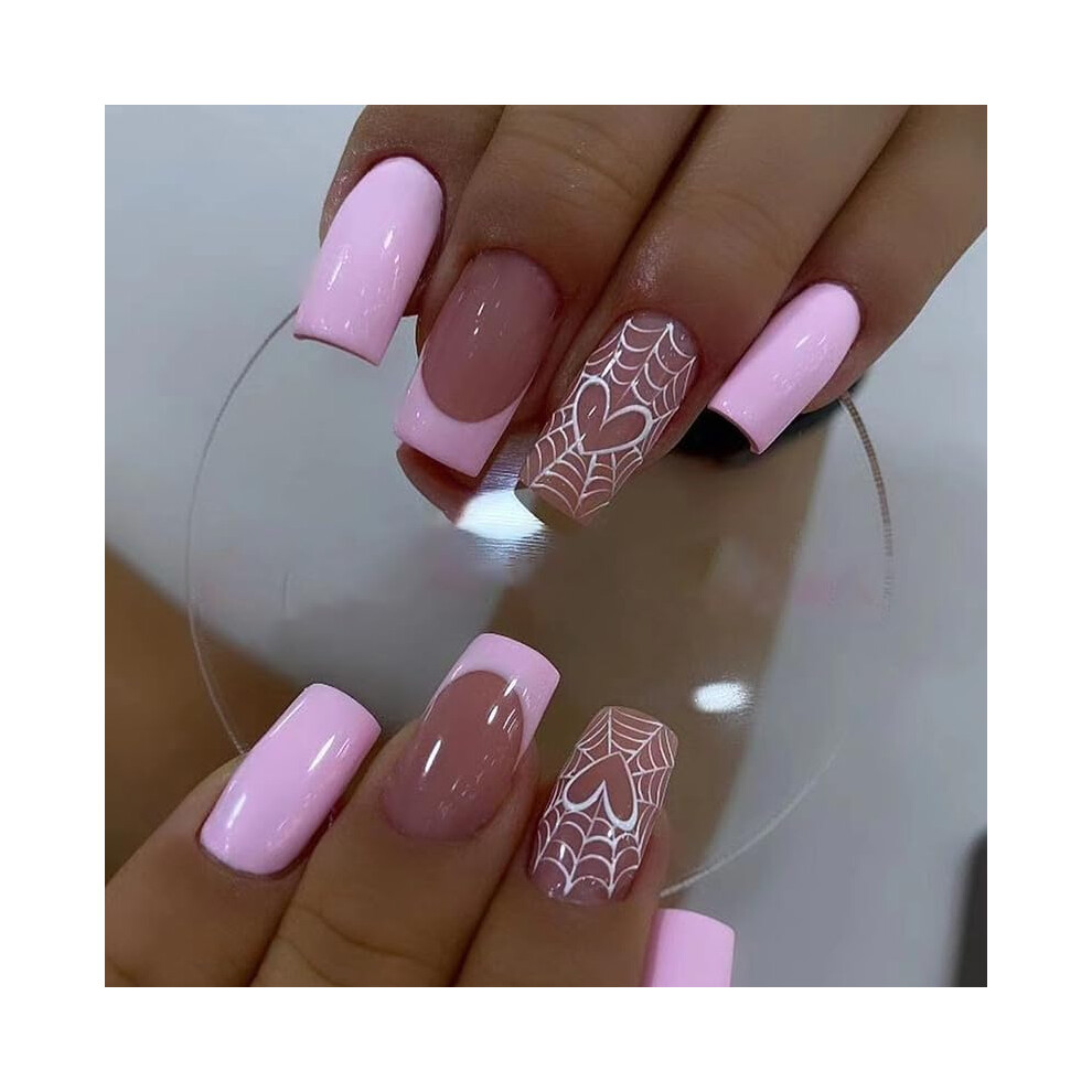 Pink Halloween Press On Nails Coffin French Tip Fake Nails Square Acrylic With Glue 24Pcs