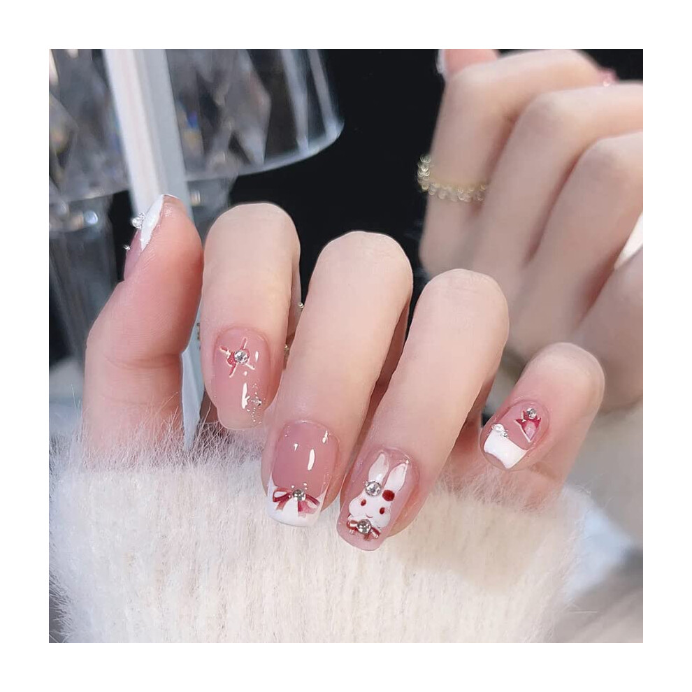 Easter Press On Nails Short Square Pink French Tip Fake Nails with Cute Rabbit Design 24Pcs Reusable Set
