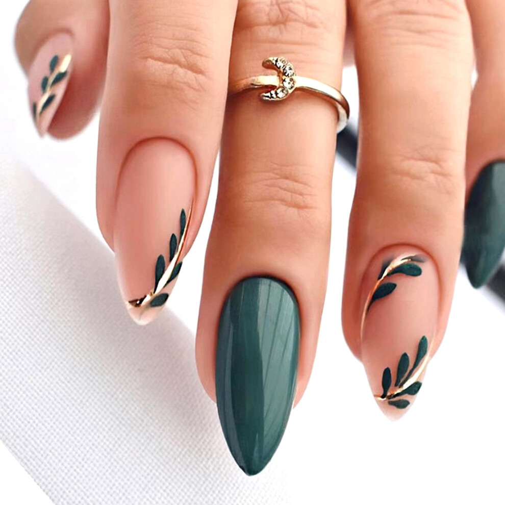 Almond Press On Nails Pink Frosted Green Leaf Gold Design Reusable Medium Acrylic Nails Set 24pcs