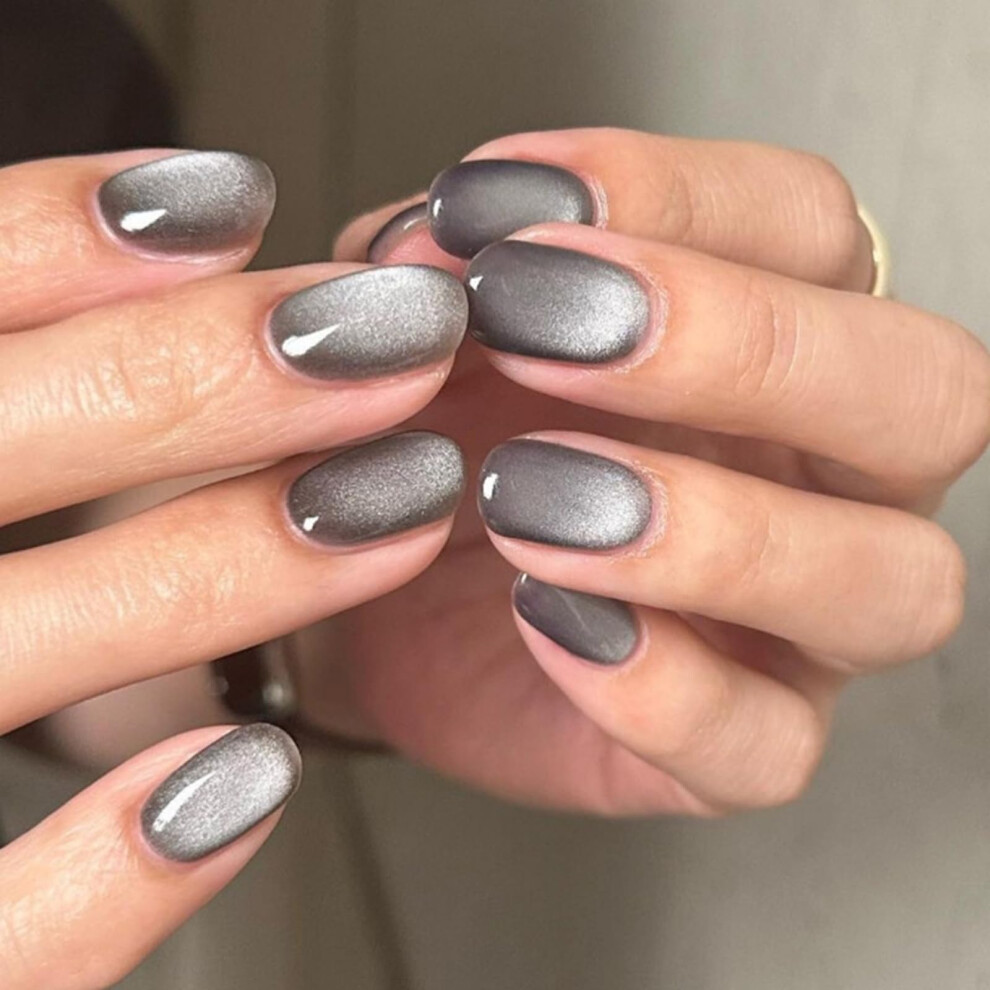 Silver Cat Eye Press On Nails Short Oval Aurora Full Cover Fake Nails With Glue For Women