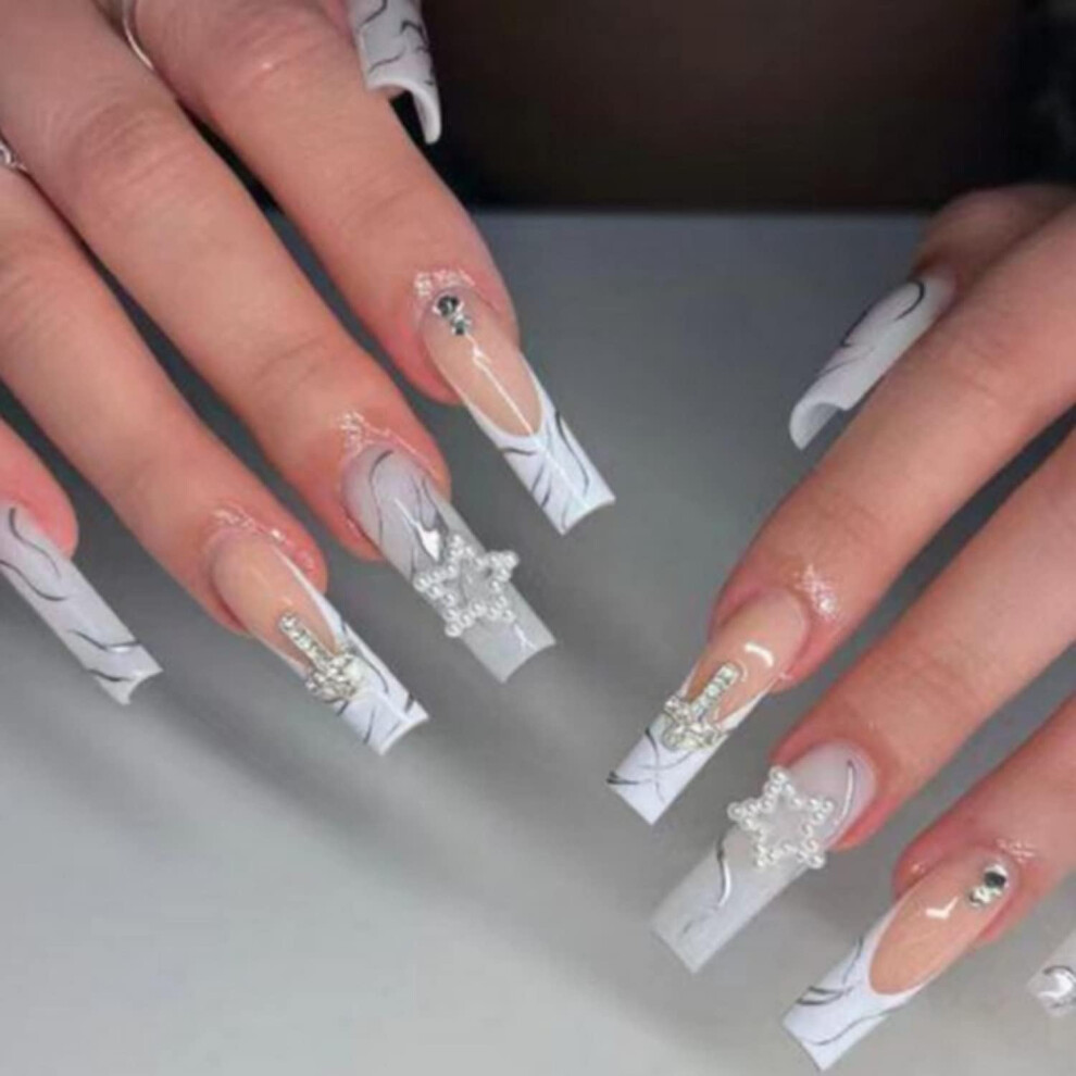 Long French Tip Press on Nails with Rhinestones, 24pcs Square Acrylic Fake Nails for Women