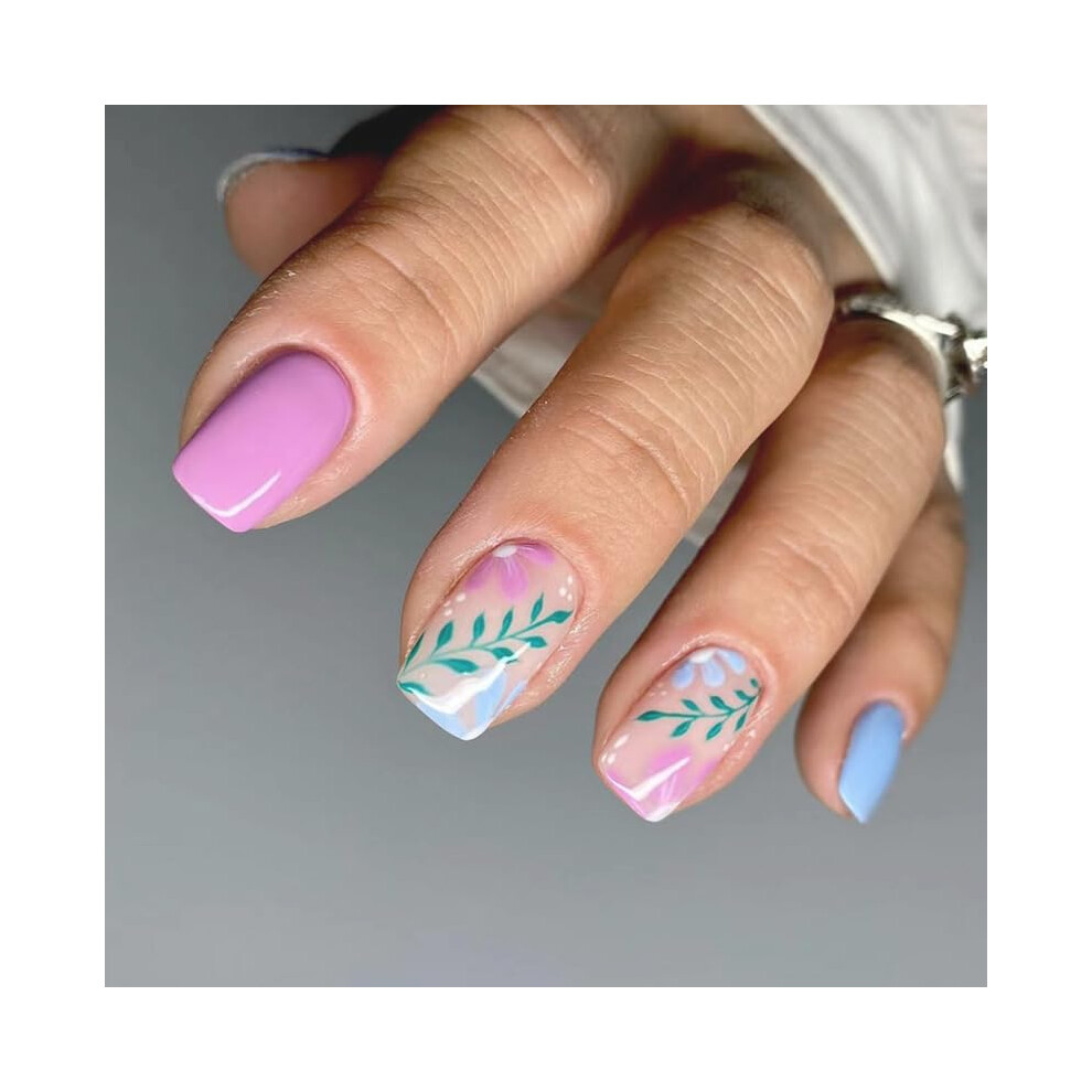 Blue,Pink Short French Tip Press On Nails Coffin Pink Blue Leaf Square Fake Nails With Glue 24Pcs