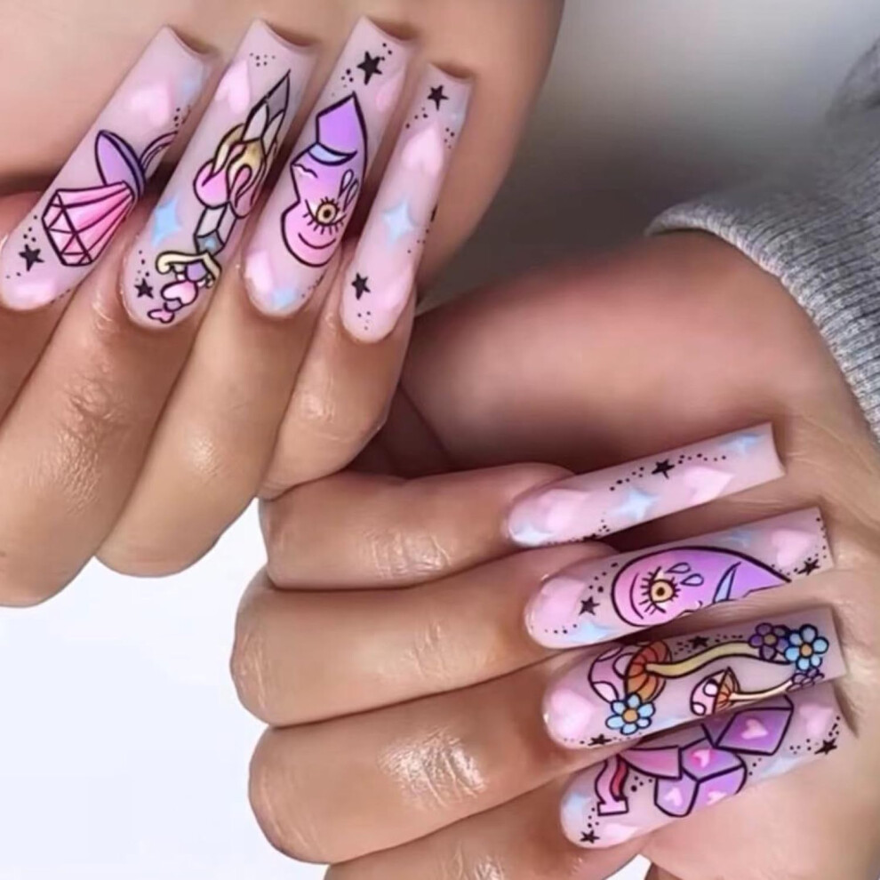 Pink Long Coffin Press On Nails Ballerina Fake Nails Set 24Pcs Acrylic False Nails With Designs