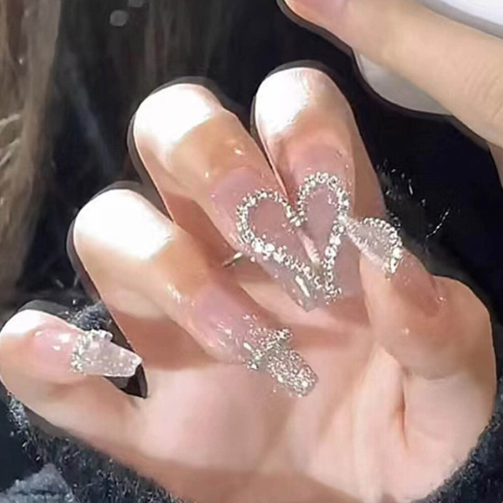 Silver Long Coffin Press On Nails With Rhinestones Acrylic Fake Nails For Women 24Pcs Reusable