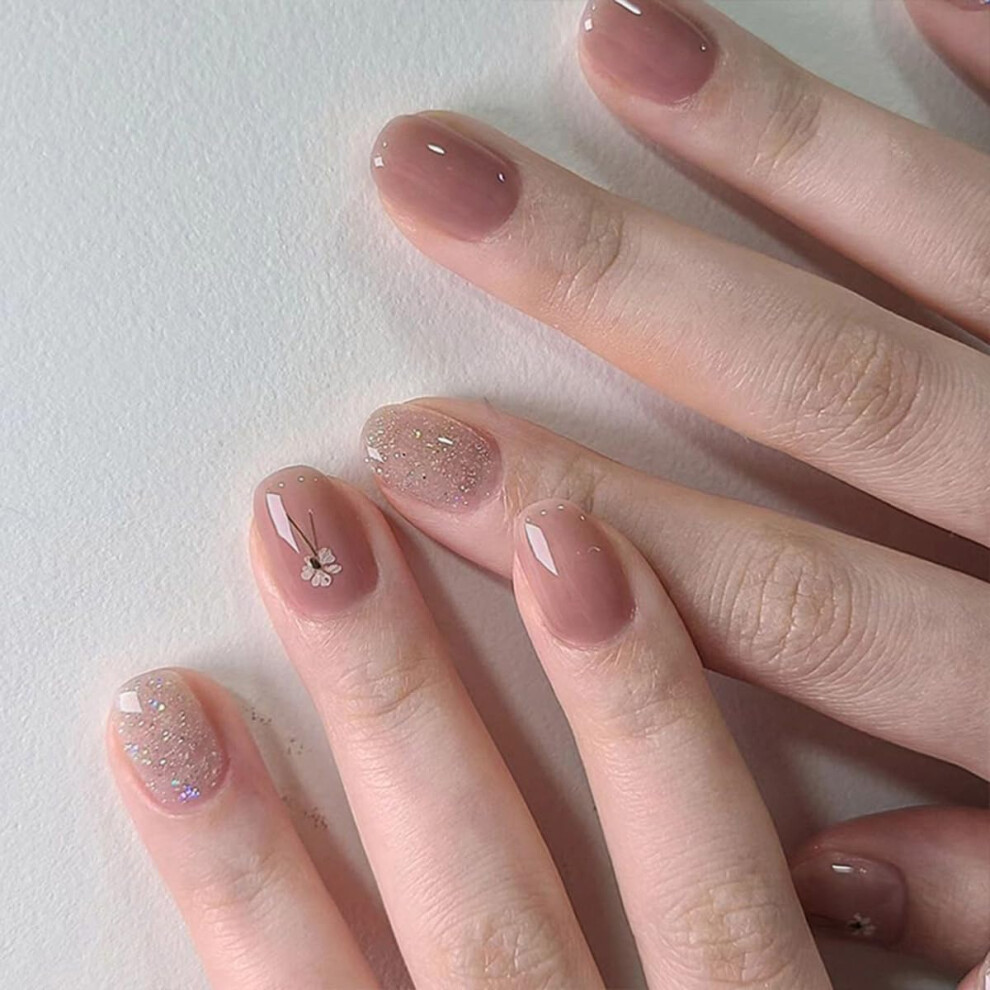 Short French Tip Oval Acrylic Press on Nails with Glue, Nude Glitter Flower Fake Nails 24PCS