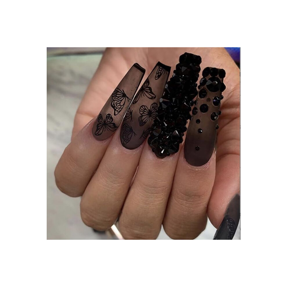 Black Long Coffin Press On Nails French Acrylic Butterfly Design Readytowear Manicure 24Pcs