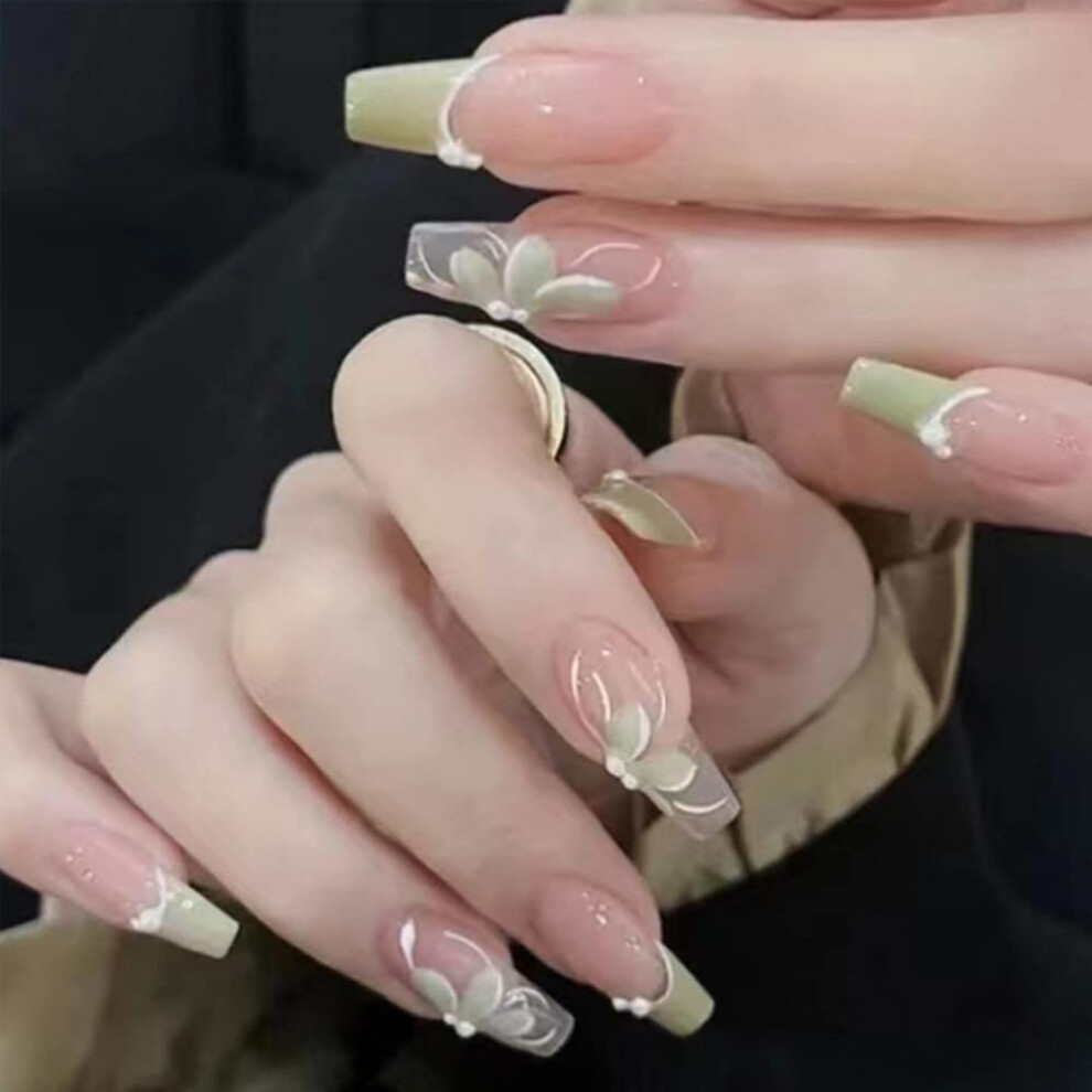 White,Green 24Pcs Long Green Pearl Press On Nails Fake Nails Reusable Glossy Finish Easy Glue Application