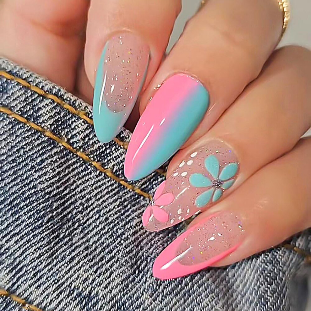 Cream Press On Nails Kit Almond Shape Nude Glossy Fake Nails With Floral Design Glitter 24Pcs