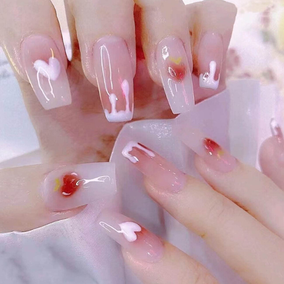 Pink Medium Coffin Press On Nails Gradient Acrylic False Nails Set With Longlasting Adhesion 24Pcs
