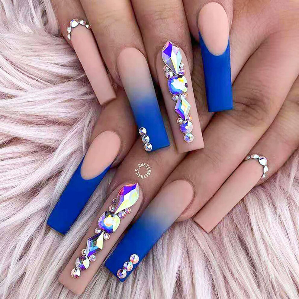 24PCS Long Coffin Press On Nails with Glue, French Tip Fake Acrylic Nails with Blue Rhinestones