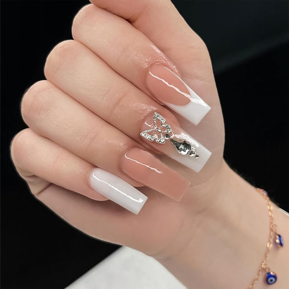 White French Press On Nails Long Coffin Fake Nails With Butterfly Rhinestone Glossy Acrylic Finish 24Pcs