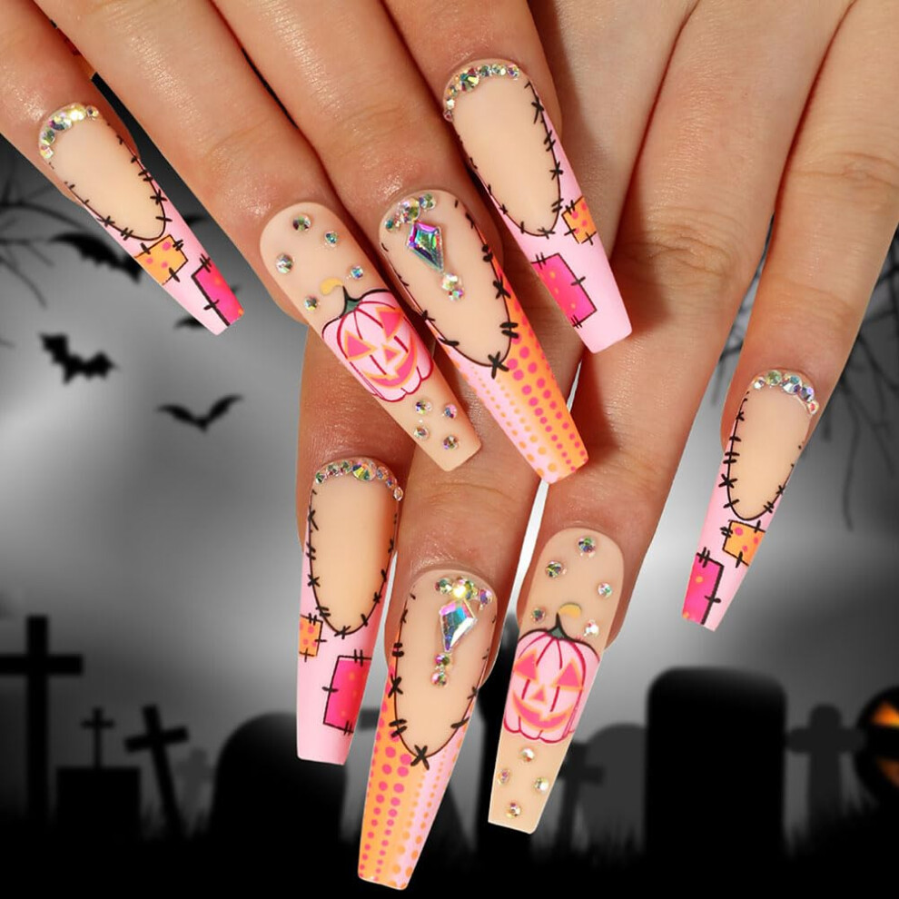 24pcs Long Stiletto Press on Nails Halloween Glitter False Nails Set with 11 Size Options