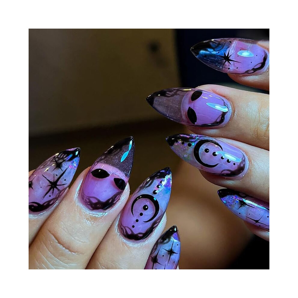 24pcs Black Purple Press On Nails Halloween Cartoon Almond Shape False Nails Kit with Glue