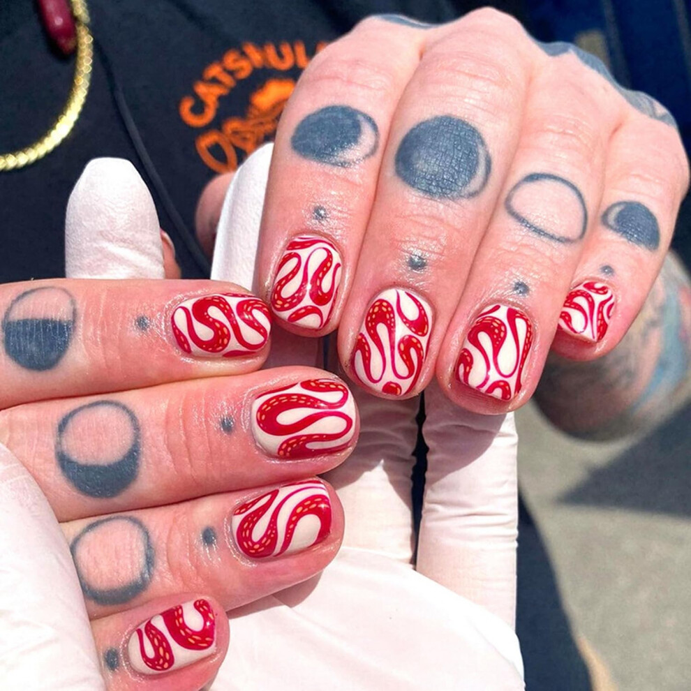 Halloween Press on Nails Short Square Fake Nails with Scary Red Blood Snake Design Reusable