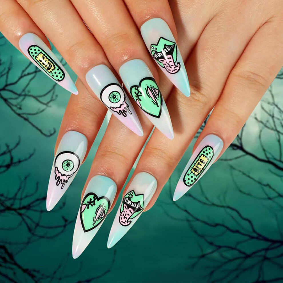Long Stiletto Press On Nails Halloween Pumpkin Acrylic Fake Nails with Rhinestones 24pcs