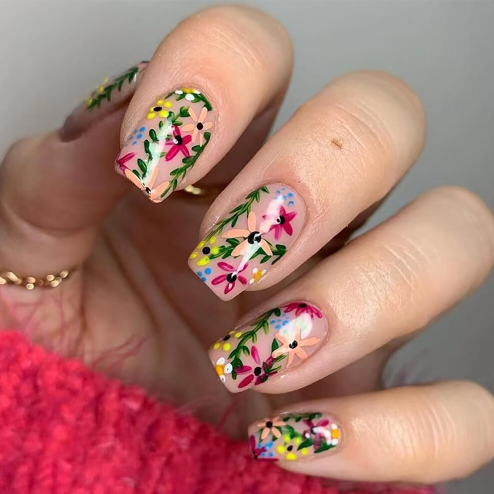 Pink Coffin Short Press On Nails Set With Flower Design, Reusable Glossy Fake Nails 24Pcs