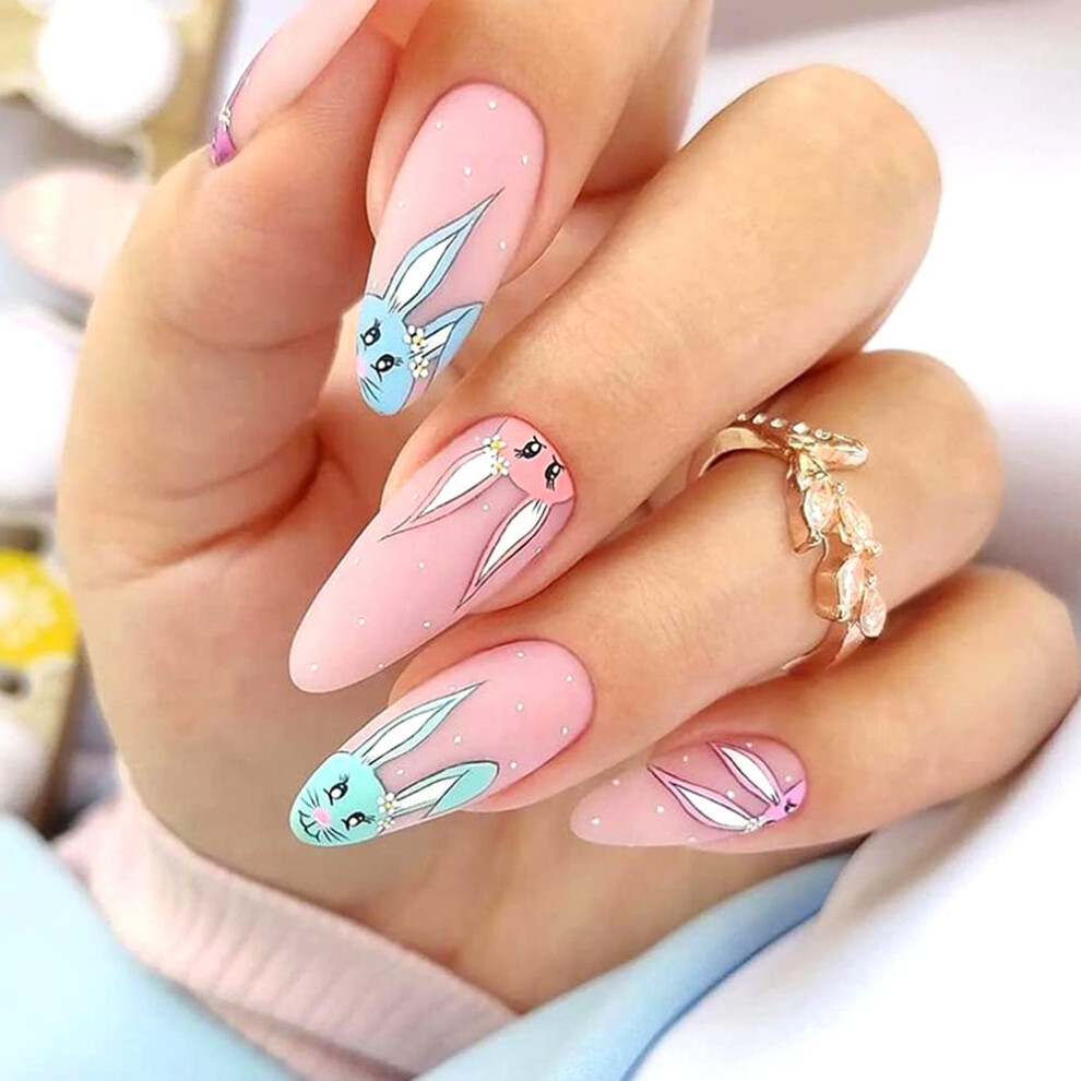 Pink Bunny Easter Press On Nails Set Â Fake Acrylic Coffin Nails With Glue, 24Pcs Reusable Tips
