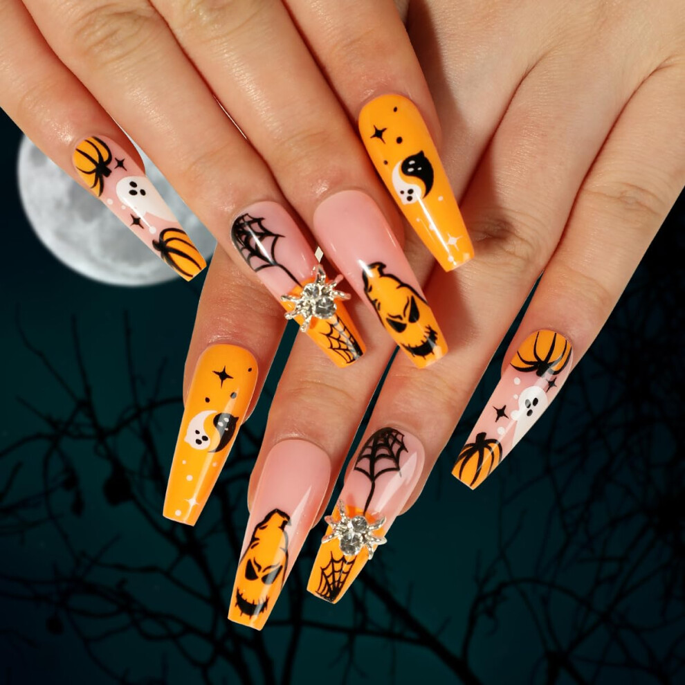 Halloween Long Press on Nails French Tip Fake Nails with Rhinestones Spider Pumpkin Designs