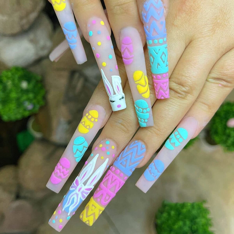 24 Pcs Easter Press On Nails Long Coffin with Bunny and Egg Design, Reusable False Nails with Glue