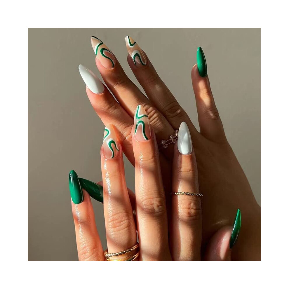Green,Cream Short Almond Press On Nails Nude With Green Lines Glossy Reusable False Nails 24Pcs
