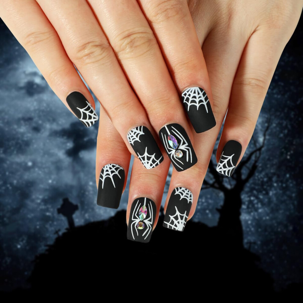 Black Halloween Press On Nails With Spider Web Rhinestones, Matte Square False Nails 24 Pcs