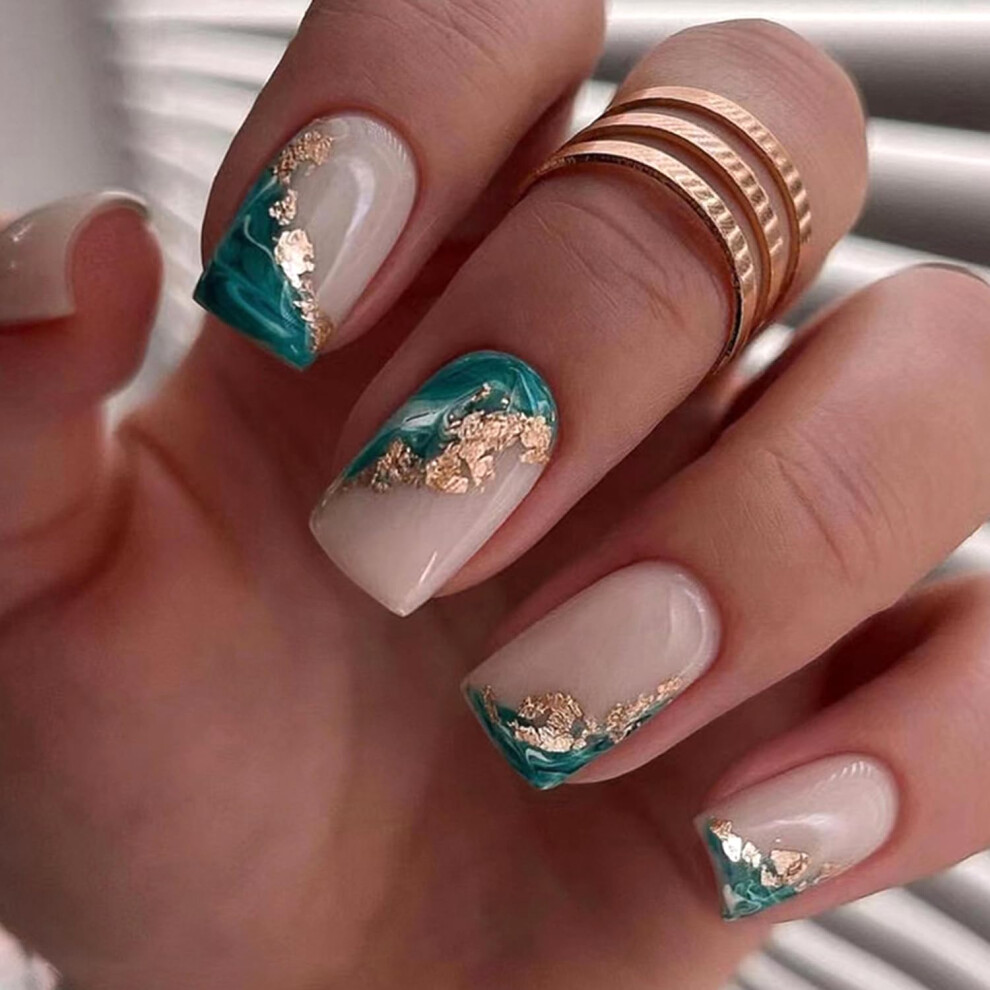 Gold Foil Marble Press On Nails Reusable Acrylic Coffin Shape Fake Nails Full Cover For Women