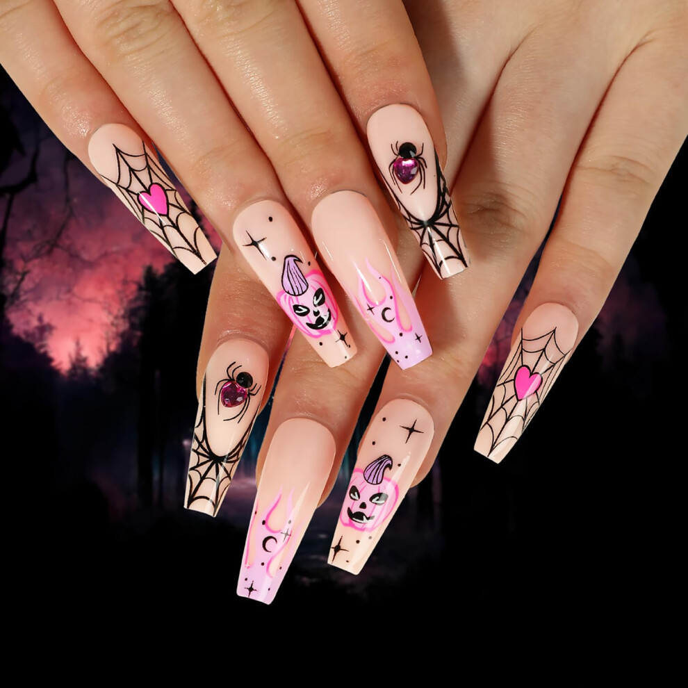 Cream 24Pcs Halloween Long Coffin Press On Nails With Rhinestones Glossy Nude Full Cover Fake Nail Set