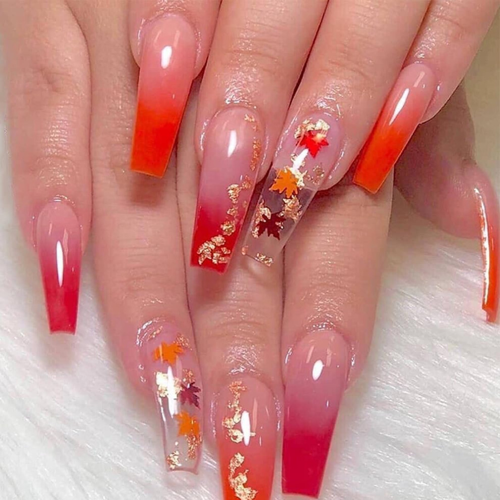 French Tip Press On Nails with Maple Leaf Design, Thanksgiving Fake Nails Reusable 24pcs Set