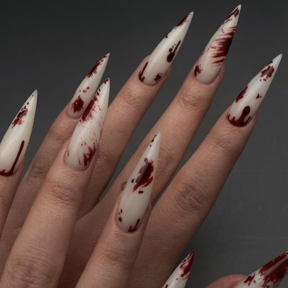 White 24Pcs Almond Press On Nails Halloween Blood Design Fake Nails Reusable Glue On Set