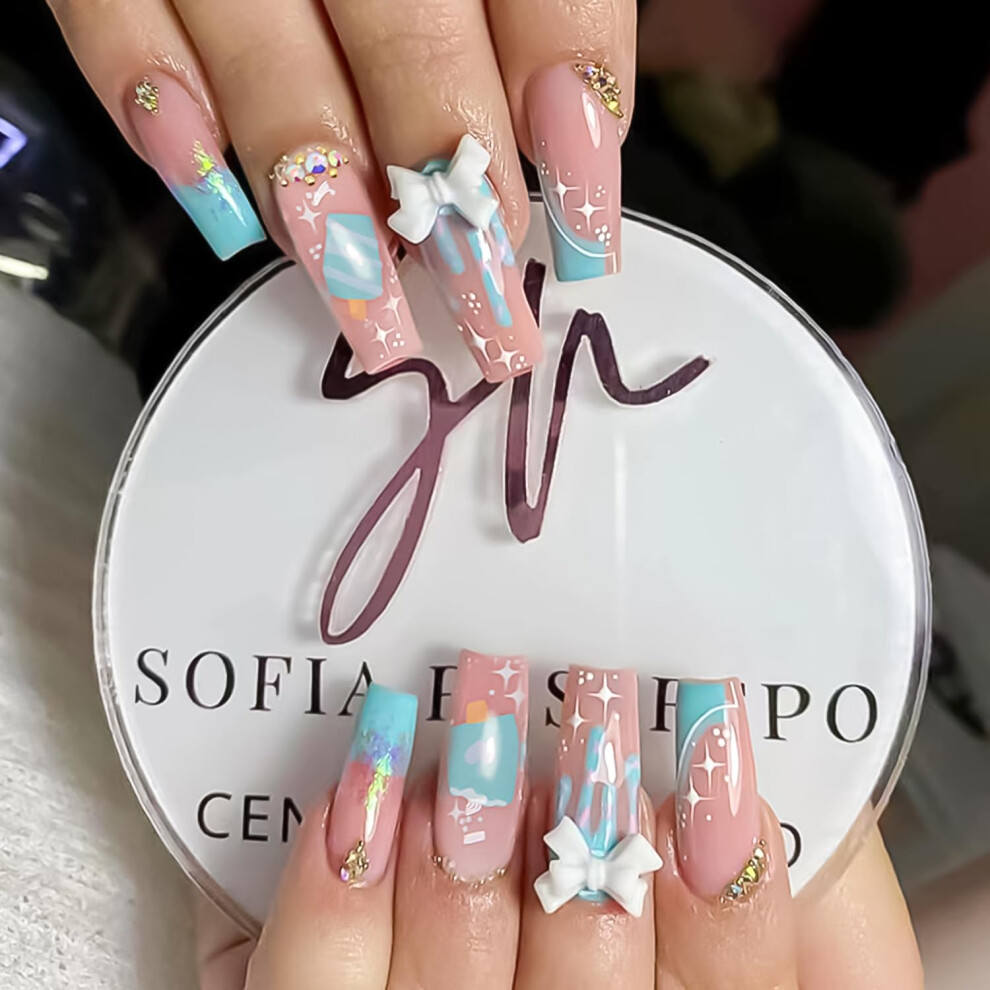 Long Coffin Press on Nails with Rhinestones French Tip Fake Nails Glossy Acrylic Set for Women 24pcs