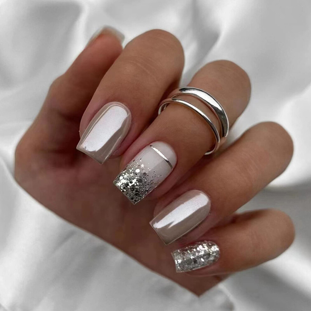 Silver Glitter Press On Nails Medium Square Acrylic Fake Nails 24pcs with Glue for Instant Salon Look