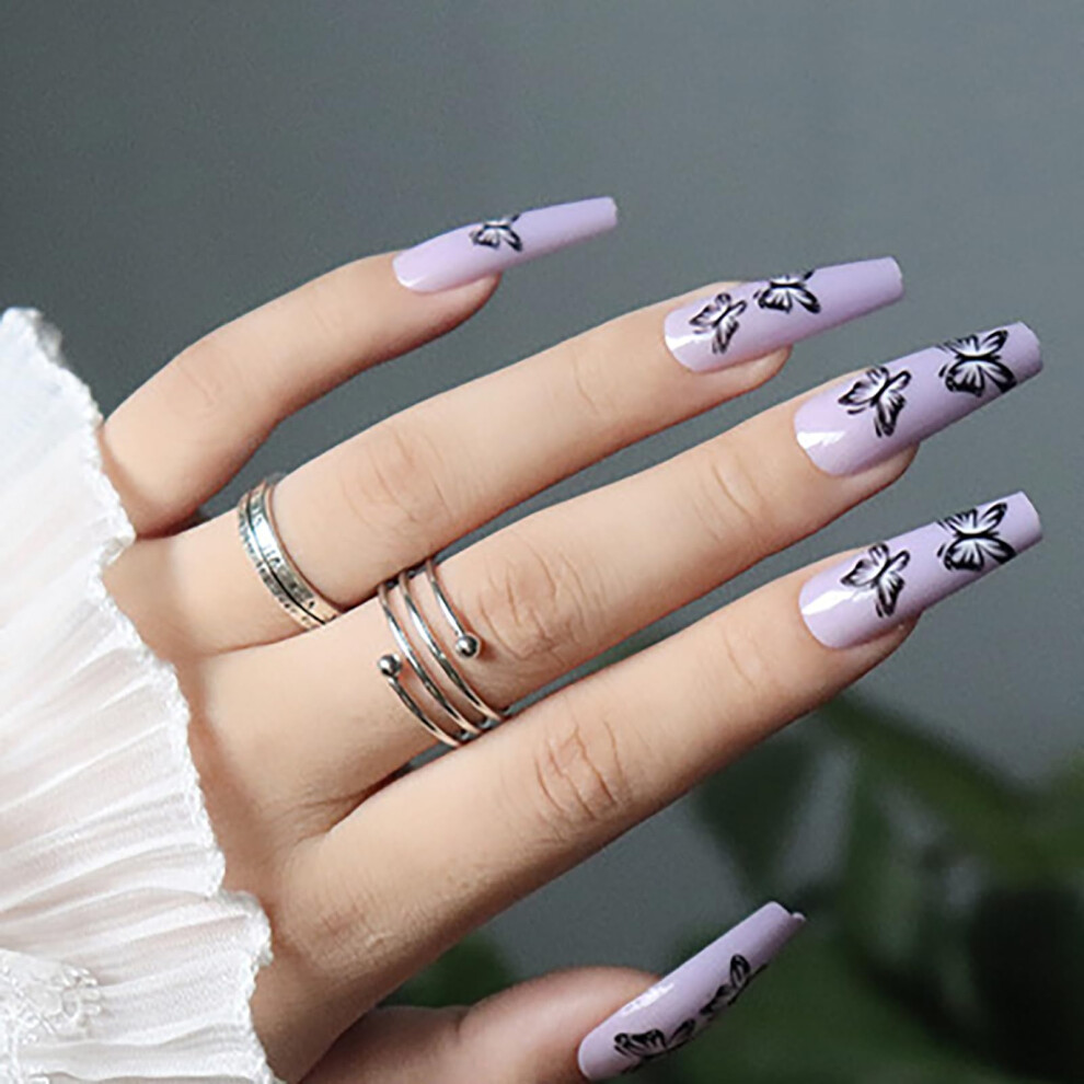 Long Coffin Press On Nails with Glue, Purple Black Butterfly Design, Reusable Full Cover Set