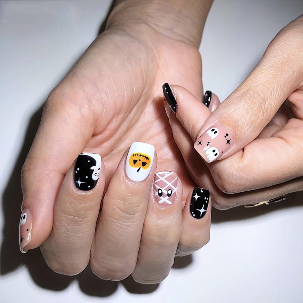 24 Pcs Halloween Press On Square Nails Set  Reusable Acrylic Nails with Glue Tabs for Women