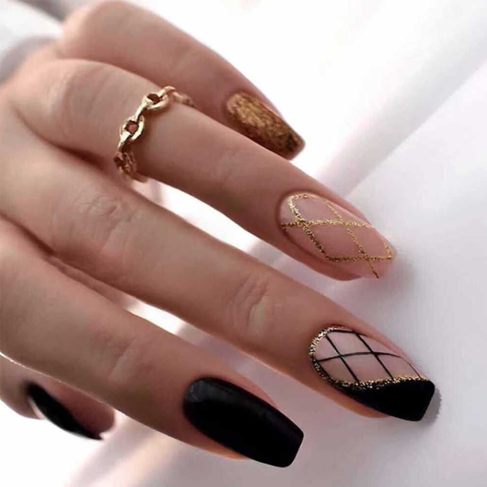Black Glossy Coffin Press On Nails Long Bling Acrylic False Nails Reusable Set For Women 24Pcs