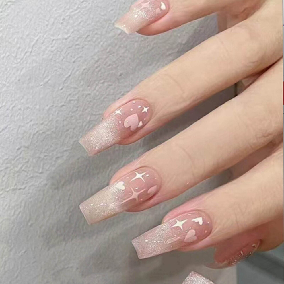 Pink Coffin Press On Nails Set Bling Acrylic Medium Length Full Cover False Nails For Women 24Pcs