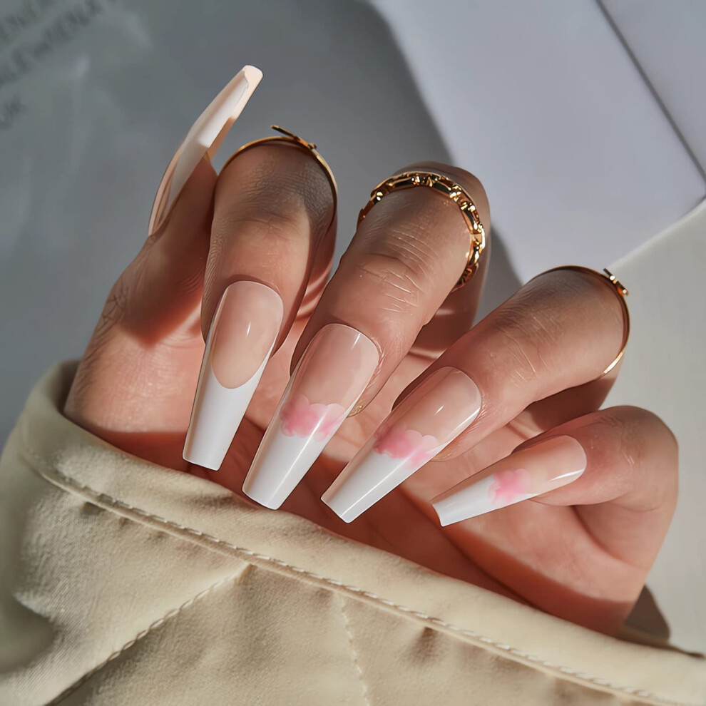 Pink,White Press On Nails Long Coffin Pink And White French Tip Flower Design With Glue Reusable Nail Tips
