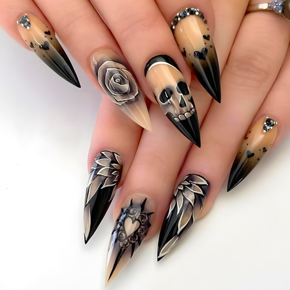 Black Halloween Press On Nails Almond Fake Nails Skull Rhinestone Acrylic Tips Instant Manicure 24Pcs
