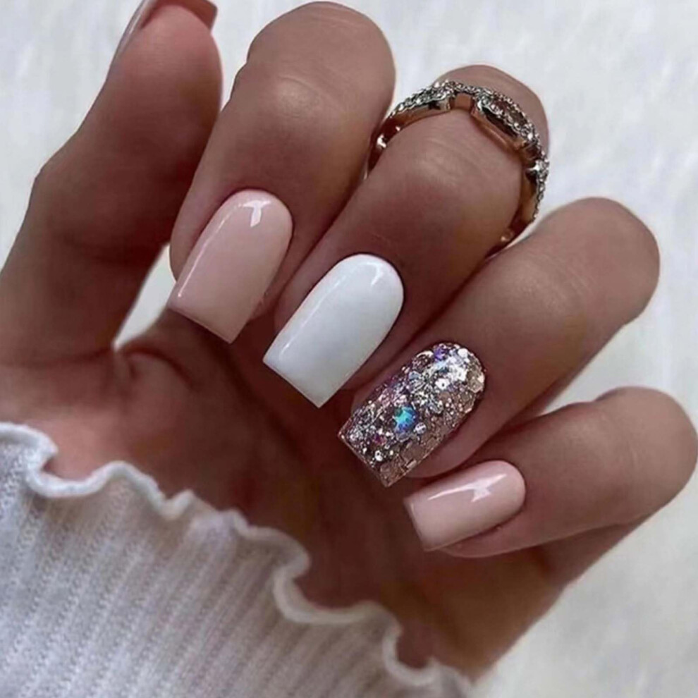 Cream Short Square Press On Nails Glitter Acrylic Fake Nails Set Nude Readytowear 24Pcs For Women