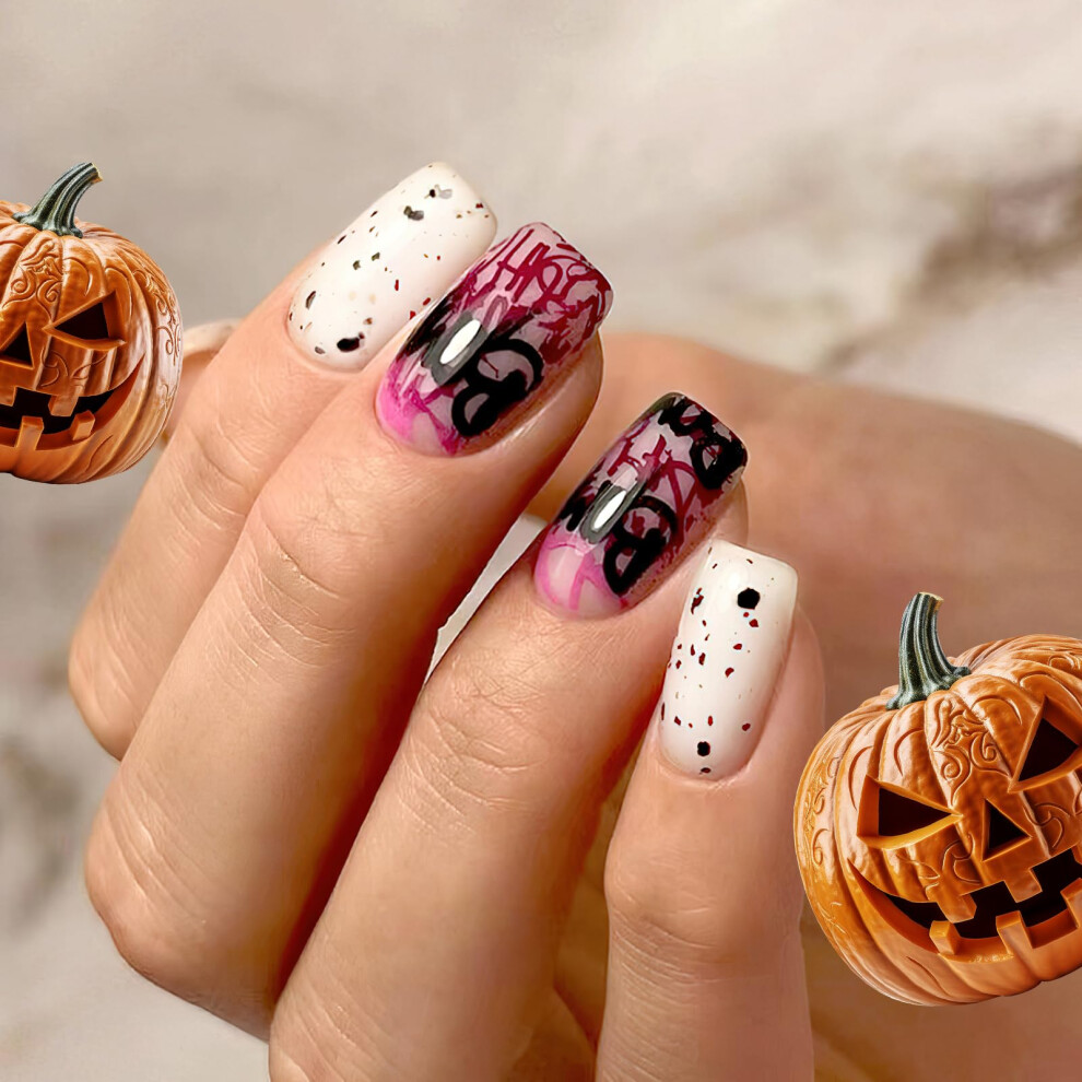 Halloween Press On Nails for Women and Girls, Reusable DIY Halloween Nail Art with Adhesive Tabs