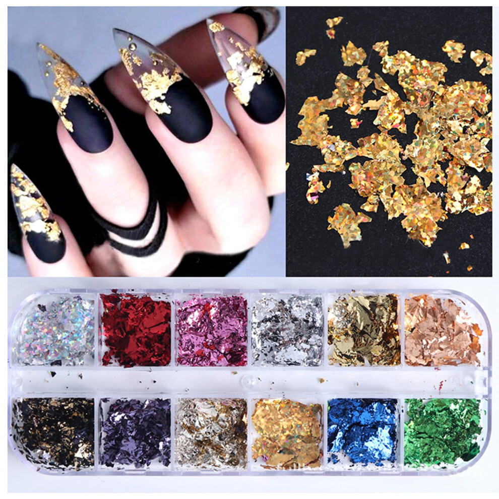 Gold 12 Colors Nail Art Foil Flakes Kit With Leaf For Nails, Holographic Metallic Design