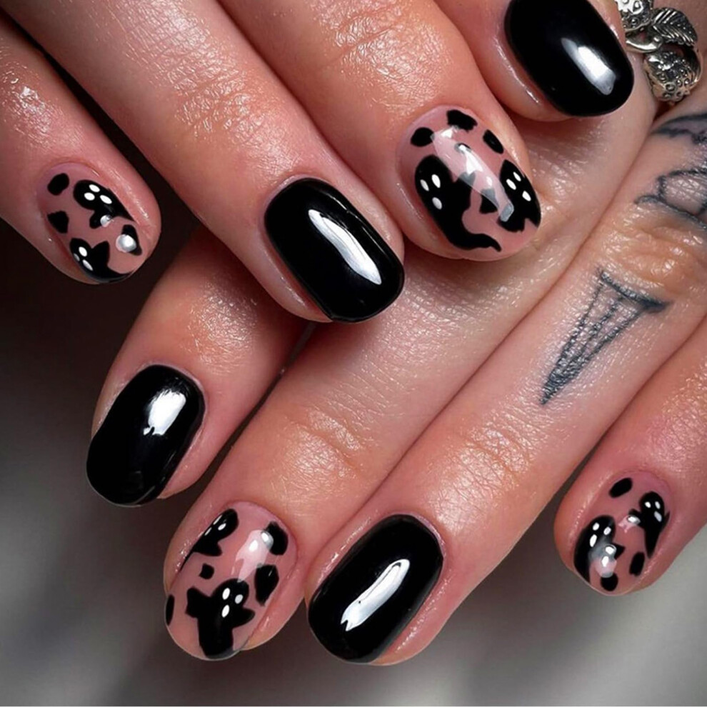Halloween Press On Nails with Ghost Design, Nude Black Oval Acrylic False Nails, 24Pcs Reusable Set