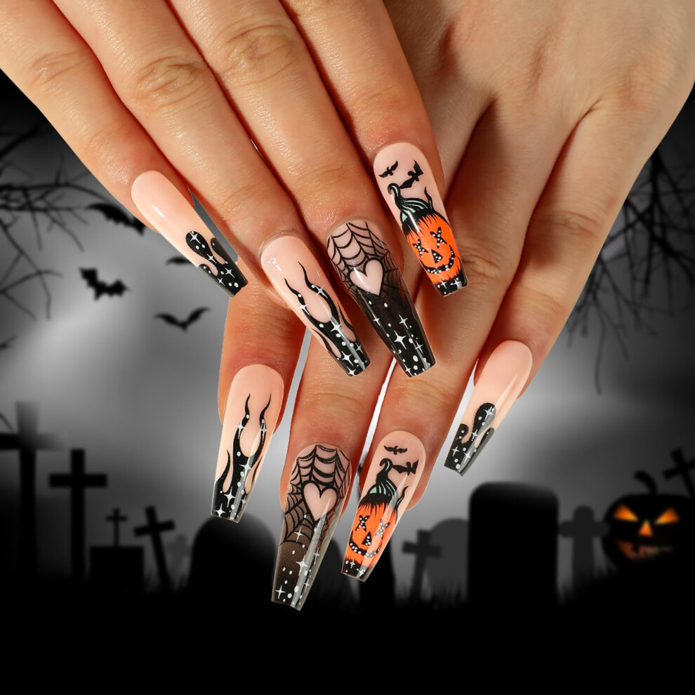 Black Halloween Press On Nails Long Coffin Fake Nails Glossy With Pumpkin And Spider Web Designs 24Pcs