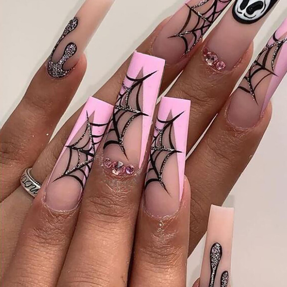 Pink Halloween Coffin Press On Nails With Rhinestones Skull Spider Web Long Matte Fake Nails 24Pcs