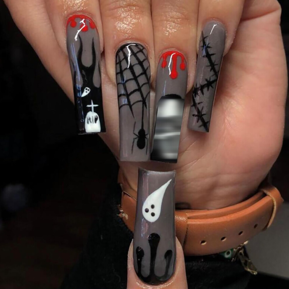 Black Halloween Coffin Press On Nails Long Glossy With Spider Web Flame And Blood Drop Design 24Pcs