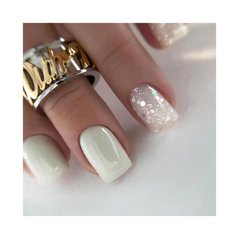 Short Square Press On Nails White Glitter Fake Nails Acrylic Nail Tips Kit for Women
